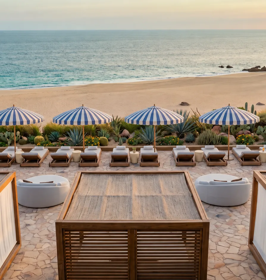 El Beach Club de DUNNA en el Mar de Cort&eacute;s al atardecer